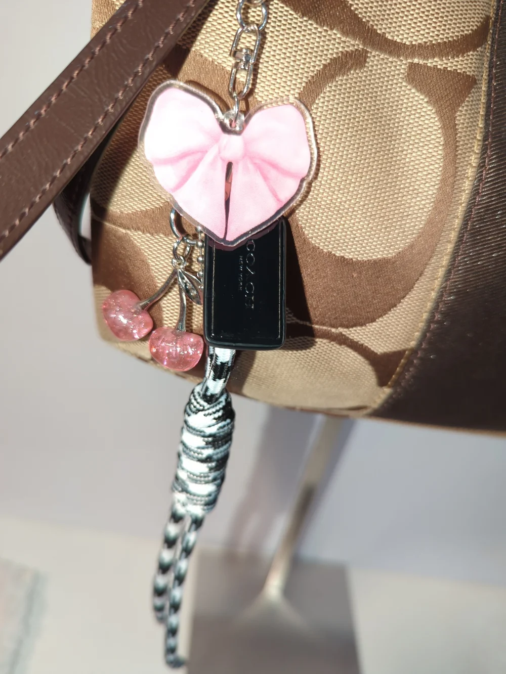 Coach Authentic Patent Leather Black Hangtag + Pink Heart Bow Cherry Bag Charm